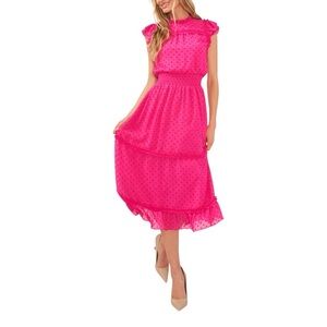 CeCe Ruffled Flutter Sleeve Swiss Dot Hot Pink Smocked Waist Chic Midi Dress L